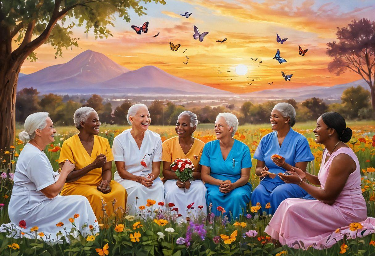 A serene landscape featuring a diverse group of cancer survivors engaged in supportive activities, such as sharing stories and laughter under a vibrant sunset. Include symbols of hope like butterflies and blooming flowers surrounding them, representing resilience and growth. Their expressions showcase empowerment and camaraderie, with an emphasis on the beauty of community. soft focus, warm colors, uplifting atmosphere. painting.