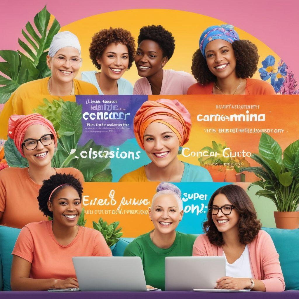 A diverse group of cancer survivors, smiling and supporting each other in a bright, uplifting online chat room filled with vibrant colors and motivational banners. Include elements representing wellness, like plants and healthy foods, along with supportive words displayed on screens. The atmosphere should evoke hope and empowerment, showcasing unity in the journey of cancer treatment. super-realistic. vibrant colors. cozy atmosphere.